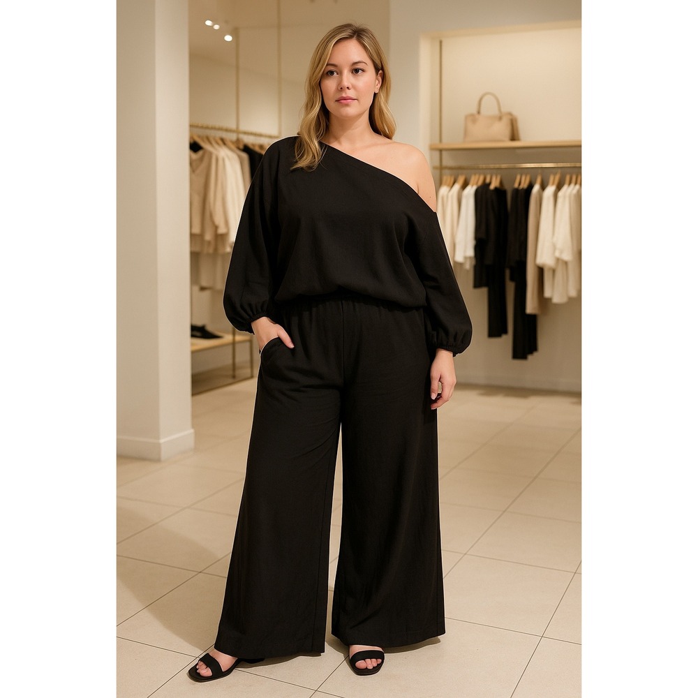 CHICME 2 Piece Outfits Off Shoulder Lantern Sleeve Top Flowy Wide Leg Pants Set
